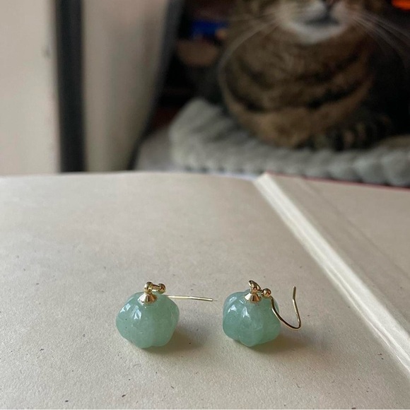 Gold Green Aventurine Stone Pumpkin Earrings - Picture 2 of 5